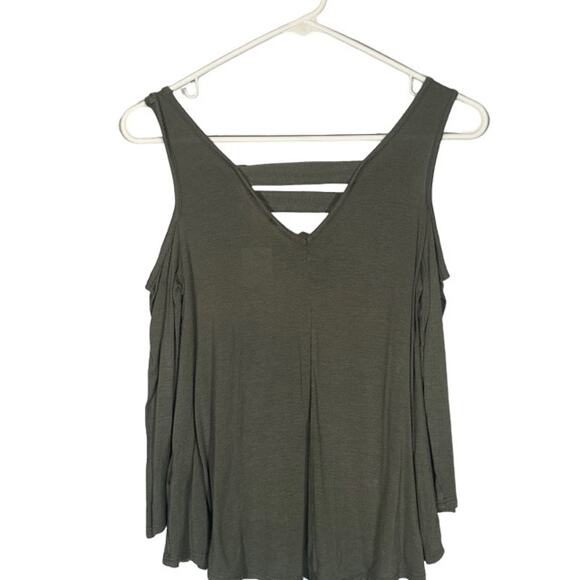 Threads Studio Olive Green Cold Shoulder V-Neck Lightweight Blouse Women Sz S - Picture 2 of 6